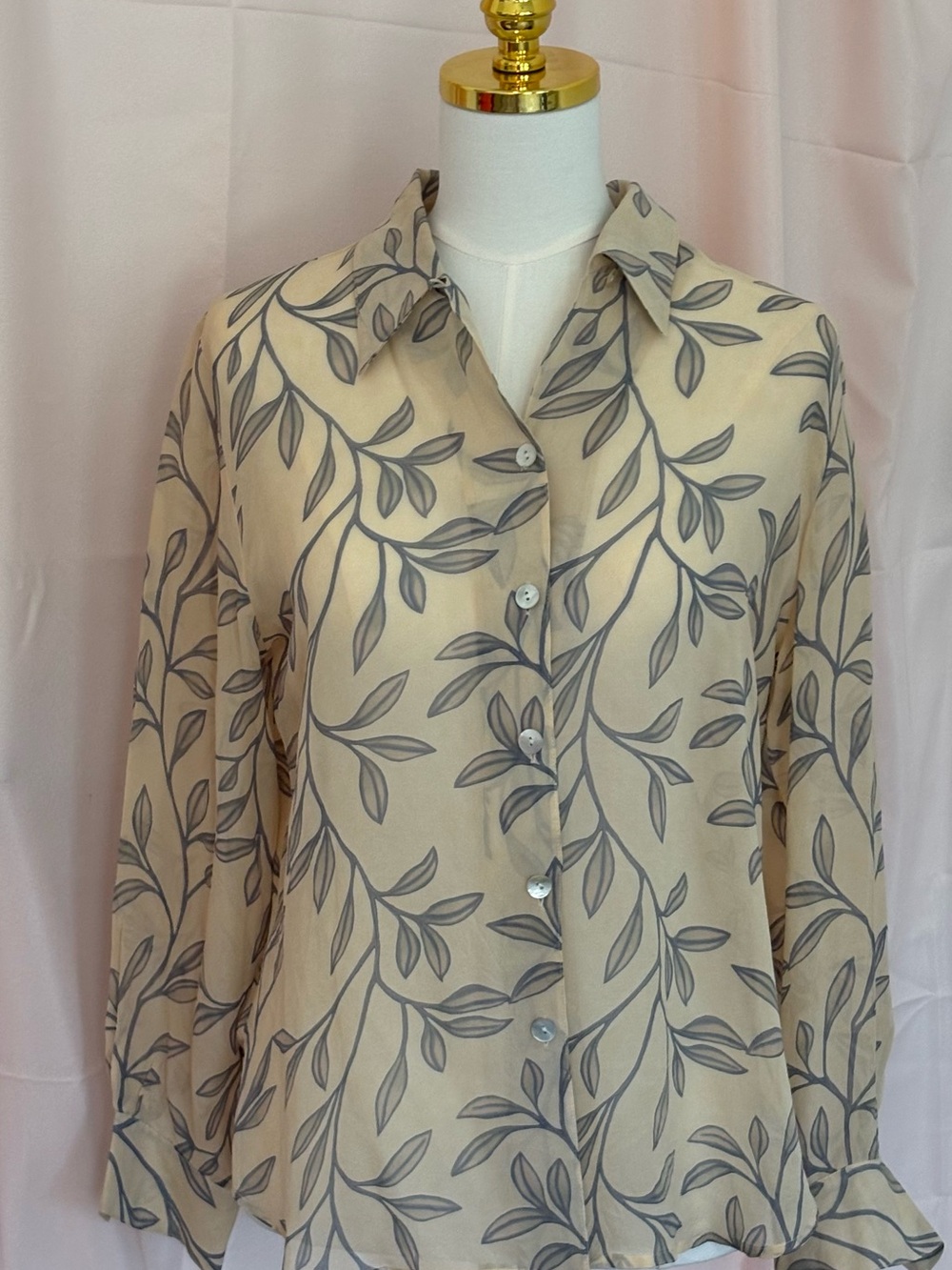 Tess Women's Cream Blouse with Gray Leaf Print - Elegant Button-Up
